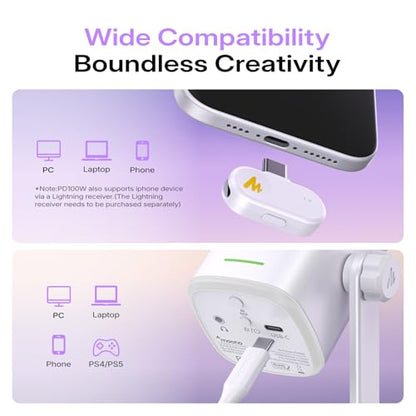 MAONO PD100W Wireless Dynamic Microphone for iPhone, Android & PC (White) | USB-C & Lightning Receivers, Noise Reduction,RGB Lighting, Software EQ, for Gaming, Streaming and Content Creation - color: White