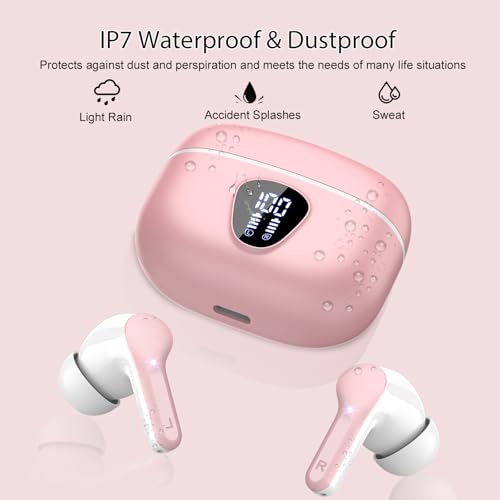 Wireless Earbuds, Bluetooth 5.4 Headphones HiFi Stereo, Bluetooth Earbuds | With ENC Noise Cancelling Mic, IP7 Waterproof in Ear Earphones, 48H, LED Display Ear Buds for Pad Phones Workout Sports, Pink - color: B-Pink