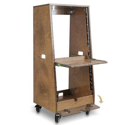 Sound Town DIY Slanted 20U Studio Rack (12U Top + 8U Lower), with 2U Bottom Storage, Slide-Out Tray, Caster, Plywood, Weathered Brown for Recording Room, Home Studio (SDRK-ST20TB) - size: 20U(12U Top + 8U Lower),Weathered Brown