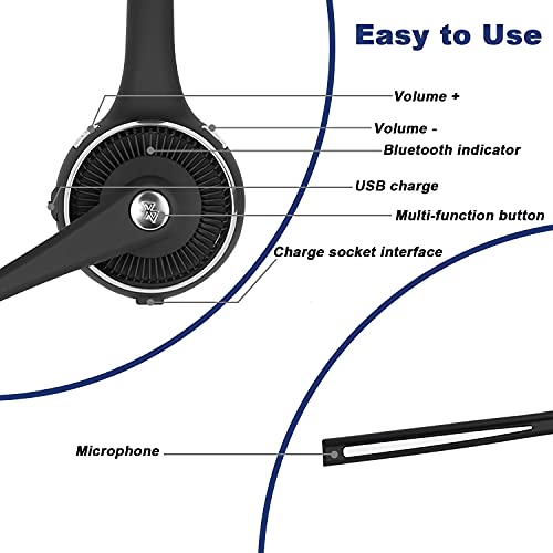 Trucker Bluetooth Headset with Microphone Noise Cancelling, V5.0 Wireless Headset with Charging Base 17 Hrs Talk Time, Black