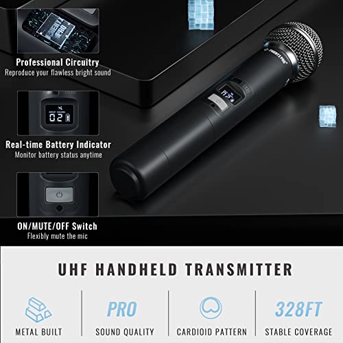 Phenyx Pro 4 Channel UHF Auto Scan Wireless Microphone System PTU-7000-4H | 4 x 40 Frequencies, 328 ft Range, 4 Handheld Dynamic Microphone for Singing, Church, Karaoke, Wedding, Public speaking, DJ