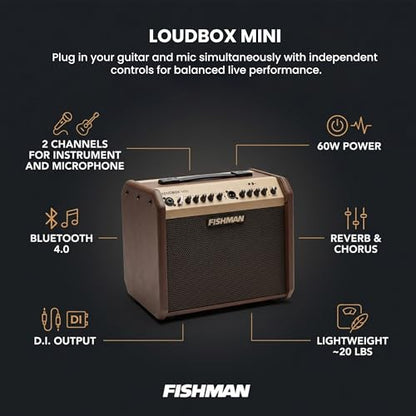 Fishman Loudbox Mini 60-Watt Acoustic Guitar Combo Amplifier Bundle with Gearlux XLR Cable, Instrument Cable, and Austin Bazaar Polishing Cloth - size: Mini 60W