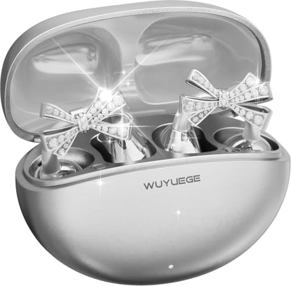 2026 Open Ear Clip On Earbuds with Detachable Butterfly Earrings, Bluetooth 6.0 Wireless Headphones for Women, 50H Playtime, Lightweight & Pain-Free Fit for Small Ears, IPX6，Great Gift Silver - color: Silver