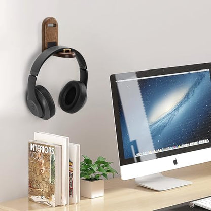 Wood Headphone Hanger Wall Mount Stand，Foldable Headset Holder Hook | Sticky Headset Hook,Under Desk Headphone Hanger,Gaming Accessories for Desk,Compatible with Airpods Max,Clamp for Audio