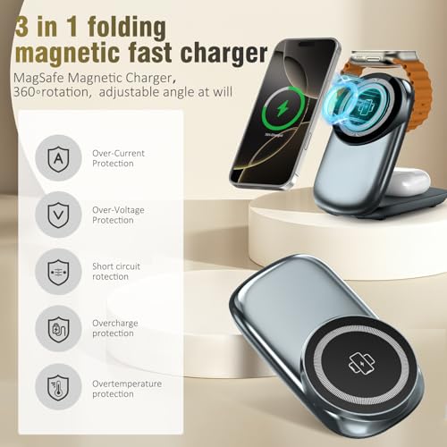 3 in 1 Folding Charging Station for iPhone 16e/16/15/14/13/12 Compatible with Apple Watch 10/9/8/7/6/5/4/3 Ultra,Wireless Charging Station for Airpods/4/3 pro - color: Grey