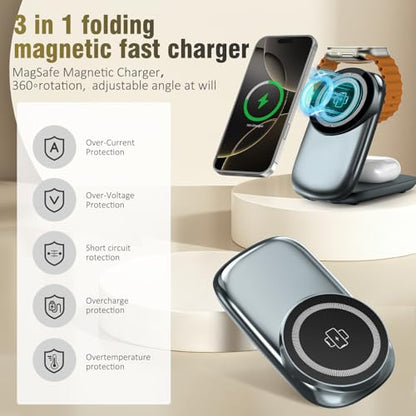 3 in 1 Folding Charging Station for iPhone 16e/16/15/14/13/12 Compatible with Apple Watch 10/9/8/7/6/5/4/3 Ultra,Wireless Charging Station for Airpods/4/3 pro - color: Grey