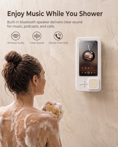 Shower Phone Holder Waterproof with Wireless Bluetooth Speaker | IP67, Anti-Fog HD Touch Screen, Bathroom Wall Mount Phone Case, 360° Rotating, Hands-Free Calls, Fits 4.7-7" Phones