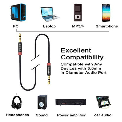 3.5mm TRRS Cable, 1/8" inch 4 Pole Auxiliary Cord, Aux Mini-Jack Stereo Nylon Braided Male to Male Cable 6.6 FT/ 2M (2 Pack) - size: 6 Ft