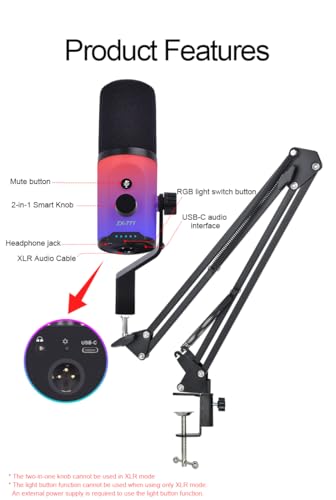 USB/XLR Dual-Mode Desktop Microphone, RGB Lighting, 3.5mm Monitoring Jack, Professional Live Broadcast (Microphone + Boom Arm Stand) - style: Microphone + Boom Arm Stand