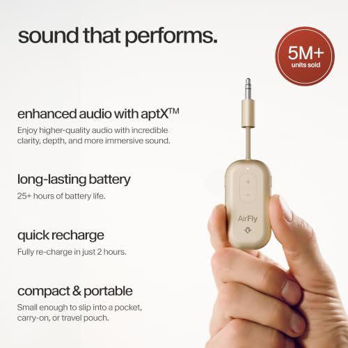 Twelve South AirFly Pro | Bluetooth Wireless Transmitter/Receiver Adapter for 2 Headphones, Audio Sharing, Compatible with 3.5mm aux Jack for Airplanes, TV, Gym, Stereo, and Travel, Gold | Bluetooth Adapter for AirPods/Headphones, 20+ Hr Battery, Works wi