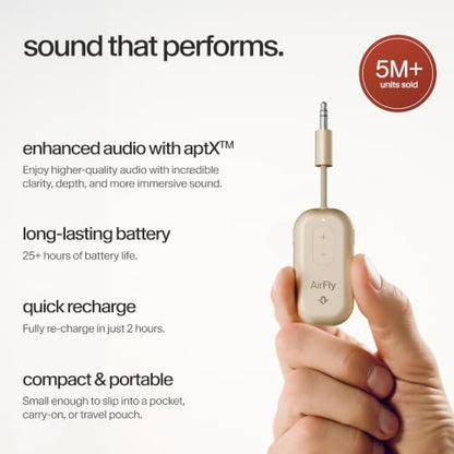 Twelve South AirFly Pro | Bluetooth Wireless Transmitter/Receiver Adapter for 2 Headphones, Audio Sharing, Compatible with 3.5mm aux Jack for Airplanes, TV, Gym, Stereo, and Travel, Gold | Bluetooth Adapter for AirPods/Headphones, 20+ Hr Battery, Works wi
