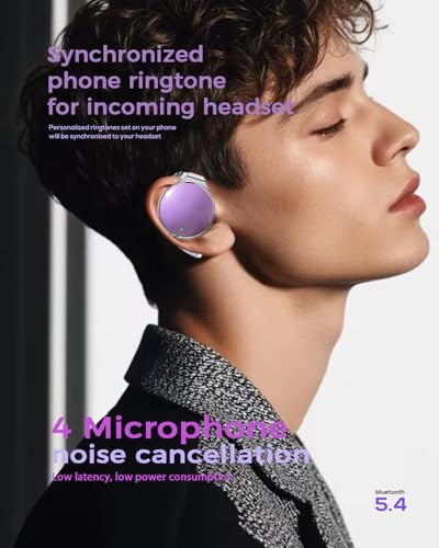 Micool Open Ear Headphones Bluetooth 5.4, Sport On Ear Headphones Wireless, Water-Drop Shaped Noise Cancelling Clip On Headset Bluetooth with Long Battery Life, Comfort Fit 4 Microphones Earphones - color: Lilac&silver&dark