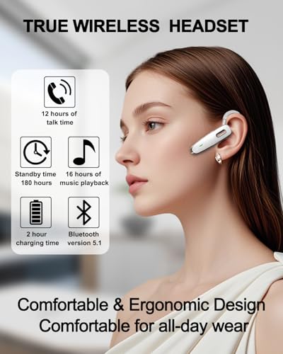 Bluetooth Headset V5.1, Wireless Hands-Free Earpiece with Noise Cancellation, Built-in Microphone for iPhone Android Business Calls - White - color: White, style: Single Bluetooth headset