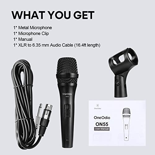 OneOdio ON55 Wired Dynamic Microphone for Singing, 16.4ft XLR Cable | Metal handheld body, on/off switch, mic clips and cardioid pickup for karaoke, amps, speakers, parties and speeches