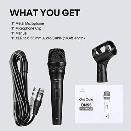 OneOdio ON55 Wired Dynamic Microphone for Singing, 16.4ft XLR Cable | Metal handheld body, on/off switch, mic clips and cardioid pickup for karaoke, amps, speakers, parties and speeches