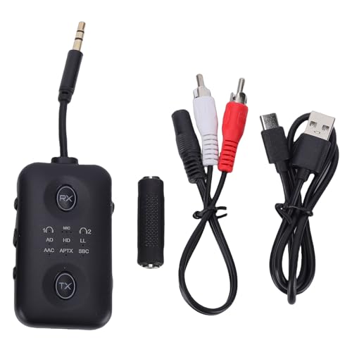 Jiawu Bluetooth Transmitter Receiver, Bluetooth 5.4 Ultra Low Latency Wireless Audio Adapter, Rotatable Audio Jack with Builtin 300mAh Battery USB Type C Charging 12m Range for