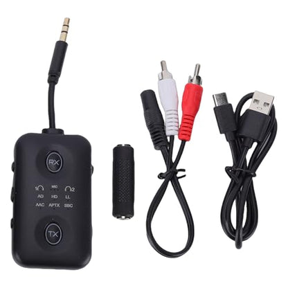 Jiawu Bluetooth Transmitter Receiver, Bluetooth 5.4 Ultra Low Latency Wireless Audio Adapter, Rotatable Audio Jack with Builtin 300mAh Battery USB Type C Charging 12m Range for