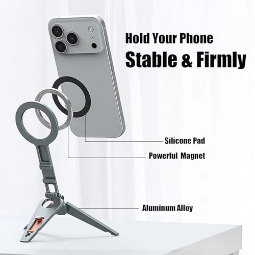 Magnetic Phone Tripod Stand Foldable Pocket Mount for iPhone | Portable, 1/4" Screw Hole & Hook,Perfect for Vlogging, Travel, Selfies, Video Calls for iPhone 17/16/15/14 & MagSafe cases.