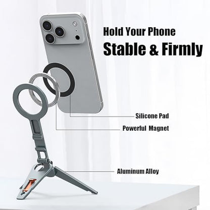 Magnetic Phone Tripod Stand Foldable Pocket Mount for iPhone | Portable, 1/4" Screw Hole & Hook,Perfect for Vlogging, Travel, Selfies, Video Calls for iPhone 17/16/15/14 & MagSafe cases.