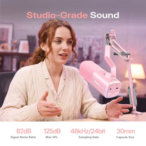 MAONO PD100W Wireless Dynamic Microphone for iPhone, Android & PC (Pink) | USB-C & Lightning Receivers, Noise Reduction,RGB Lighting, Software EQ, for Gaming, Streaming and Content Creation - color: Pink