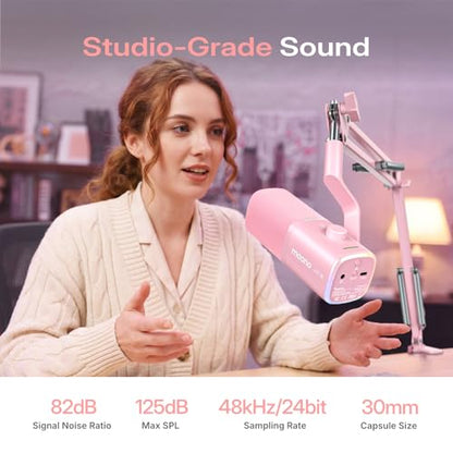 MAONO PD100W Wireless Dynamic Microphone for iPhone, Android & PC (Pink) | USB-C & Lightning Receivers, Noise Reduction,RGB Lighting, Software EQ, for Gaming, Streaming and Content Creation - color: Pink
