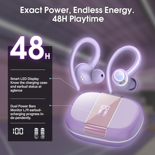 Wireless Sport Earbuds with Earhook, 48Hrs Deep Bass/ENC Mic Ear Bud Purple | Wireless Earphone with LED Display, Bluetooth 5.3 Headphones In Ear, IPX7 Waterproof Over Ear Buds for Running/Workout - color: Purple
