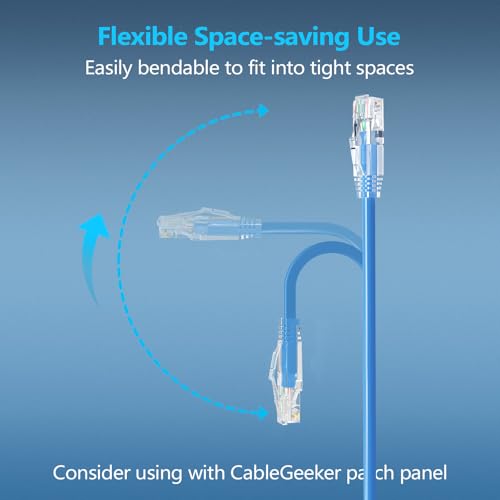 CableGeeker Cat 6A Slim Ethernet Patch Cables, 0.5 ft, 12-Pack, Blue | 28AWG Pure Copper, 10Gbps/550MHz, Snagless Gold-Plated RJ45, Ultra-Thin Flexible Design for Switches, Patch Panels, and Racks - color: Blue-Slim, size: 0.5ft, style: 12 Pack