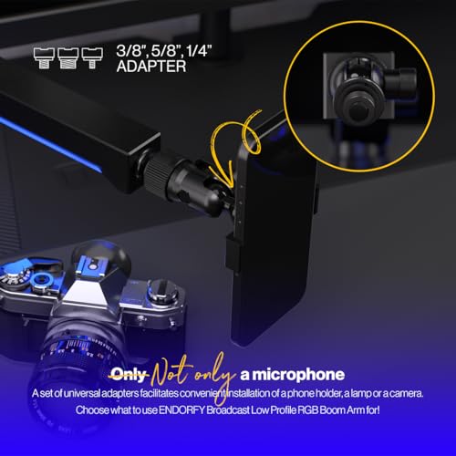 ENDORFY Broadcast Low Profile RGB Boom Arm, Premium Low Profile Microphone Smartfone and Light Arm with Cable, Rotatable, LED Lights with Controller