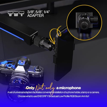 ENDORFY Broadcast Low Profile RGB Boom Arm, Premium Low Profile Microphone Smartfone and Light Arm with Cable, Rotatable, LED Lights with Controller