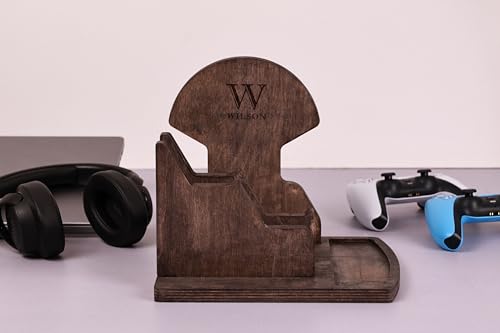 Personalized Wood Gaming Headset and Controller Stand for Desk - Headphone Controller Stand Wood Gift for Gamer - Custom Wooden Gaming Headset Stand (Walnut - PLAIN)