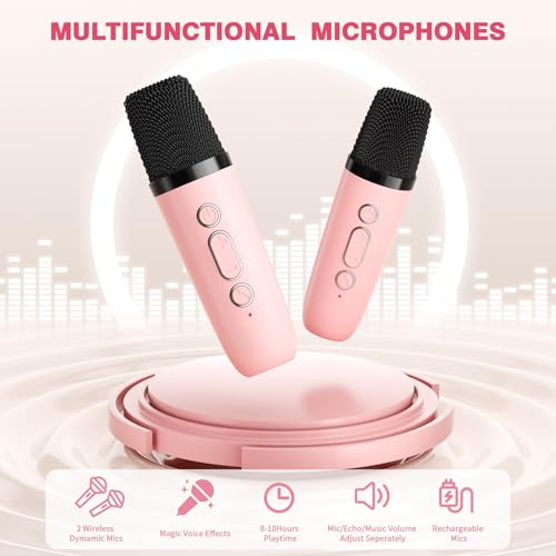 Mini Karaoke Machine with 2 Wireless Microphones, 2026 TOP Kids Portable Bluetooth Karaoke Machine for 3, 4, 5, 6, 7, 8, 9,10,11,12+Year Old, Christmas Birthday Gifts for Girls Boys Adults Home Party - color: Pink