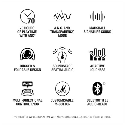 Marshall Monitor III A.N.C. Wireless Over-Ear Bluetooth Headphones - Active Noise Cancellation | 100+ Hr Playtime | Microphone for Calls | Lightweight, Foldable Design for Travel - Cream - color: Cream