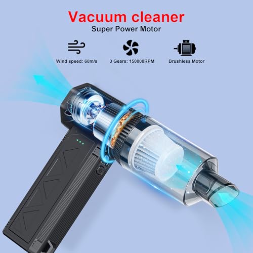 Compressed Air Duster&Vacuum Cleaner, 3-in-1 150000RPM Cordless Air Blower | Car Vacuum Cleaner with Brushless Motor Rechargeable 3-Speed,multiple nozzles for Computer Keyboard Home, Storage Bag Sealing