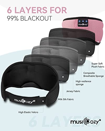 MUSICOZY Sleep Headphones Bluetooth 5.4 Sleep Mask with HD Sound | Breathable Flat Design with Cooling Lining, Washable Headband, 14 Hours Playtime for Travel Meditation Relaxation Gifts - color: Rose Pink