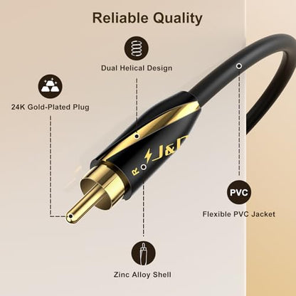 J&D Audiophiles RCA Cable, 24 AWG 2RCA Male to Male Stereo Interconnect Audio Cord, Gold-Plated Subwoofer Cable for Home Theater, HDTV, Amplifiers, Hi-Fi Systems, Speakers, 3 Feet/90 cm - size: 3 Feet