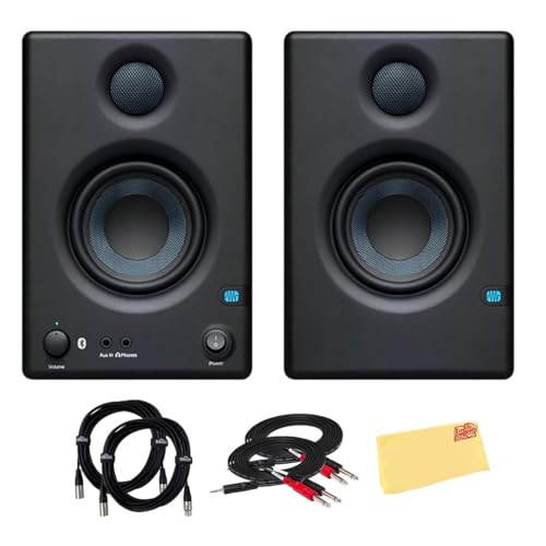 PreSonus Eris E3.5 BT Bluetooth Studio Monitor Pair Bundle with XLR and TRS Cables, and Austin Bazaar Polishing Cloth - size: Bundle w/ Cables, style: E3.5 BT
