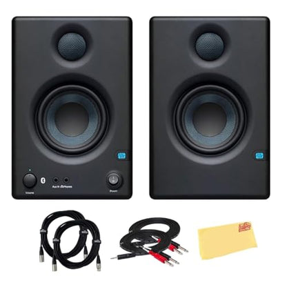 PreSonus Eris E3.5 BT Bluetooth Studio Monitor Pair Bundle with XLR and TRS Cables, and Austin Bazaar Polishing Cloth - size: Bundle w/ Cables, style: E3.5 BT