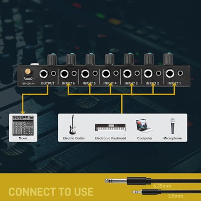 Mini 6-Channel Audio Mixer with 6 input 6.35mm&3.5mm Jack, Stereo Line Mixer for Sub-Mixing, Multi-Input (Mic/Guitar/Keyboard/Bass), Powered by 5V DC