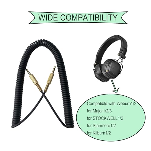 Replacement Audio Cable for Marshall Major1/2/3 Action II Speakers | 3.5mm Male to Male Stereo Jack, Aux Extension Cord, Coiled Cable, Black, 2 FT