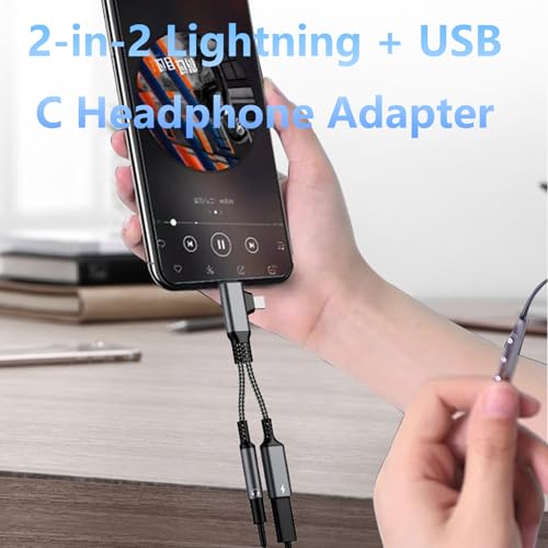 2 in 2 Light-ning USB C to 3.5mm Headphone and Charger Adapter, [MFi Certified] USB C to Aux Audio Jack with PD 60W Fast Charging Dongle, Headphone Adapter for i-Phone 16/15 14/13 Pro Max, Galaxy