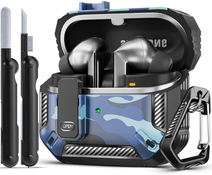 Safety Lock Case for Samsung Galaxy Buds3 FE/3/3 Pro (C-Blue) | with Secure Lock Clip & Cleaning kit Full Body Shockproof Carbon Fiber Protection Design - color: B-C-Blue