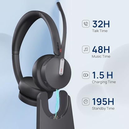 Yealink WH64 Mono Hybrid Wireless Headset with Mic DECT Dongle & Bluetooth | Teams Zoom Certified Headphones with Charging Stand, 492ft Range, 3X Noise Canceling Mic, 26H Battery for PC Cell Phones - style: WH64 Hy-Mono with Stand