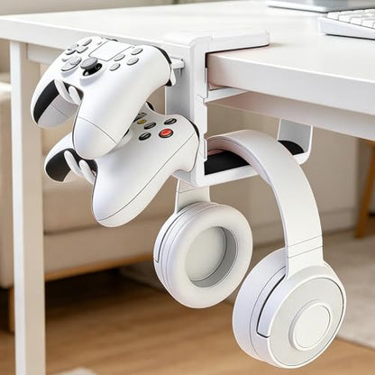 Rotating Headphone Stand with 360° Swivel, Adjustable Clamp-on Under Desk Headset Holder, Gaming Headphone Hanger (White) - color: White