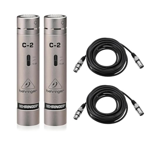 Behringer C-2 Matched Studio Cardioid Condenser Microphones, Pair, Bundle with 2X H&A XLR M to F Cable 25'