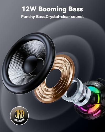 BassBloom Room 1 IPX7 Waterproof Shower Bluetooth Speaker, Black | 12W Powerful JIKE BASS Sound, 15H Playtime, LED Power Display, RGB Lights, for Kayaking Pool, Beach, Camping