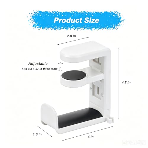 Universal Headphone Hook & Headset Holder, White | 360° Swivel, Under Desk Hook, Cable Management Clip, Universal Fit - color: White
