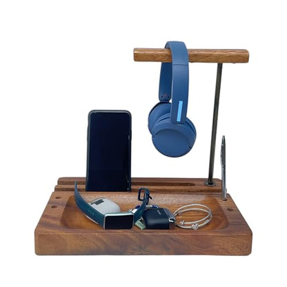 Multi-Device Headphone Stand, Acacia Wood Tech Organizer with Storage Tray | Solid 1.5 in thick acacia wood organizer for headphone, phone, tablet & accessories, gaming & office desk setup, workspace - style: Headphone Cell iPad Holder