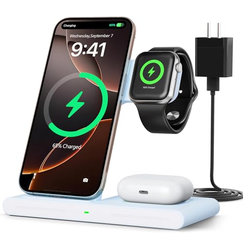 2026 Wireless Charger for Apple and Android Charging Station,3 in 1 Fast Max Charging for iPhone 16 15 14 13 12 Pro Max Plus, Apple Watch Series & Air pods 4 3 2 Pro, Android Samsung Galaxy Series - color: Light Blue