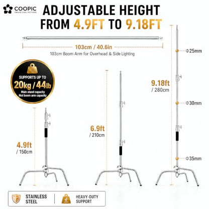 C Stand with Boom Arm, 9.18ft/280cm Heavy Duty Stainless Steel Photography Light Stand | 40.6in Holding Arm, 2 Grip Heads, Turtle Base, 4 Spring Clamps, Sandbag & Carry Bag for Studio Video Lighting - size: M280 CSTAND + BAG + SANDBAG + 4PCS CLAMPS