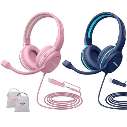 SIMOLIO-Kids-Headphones-School with-USB-C to 3.5mm Dongle, Boom-Microphone | 75/85/94dB Volume Limit,Mute Button,Bag, Stereo Over-Ear Wired Headset for iPad,iPhone,Tablet,Boy,Girl,Gaming,Travel,Airplane - color: Rose & Navy USB C & 3.5mm
